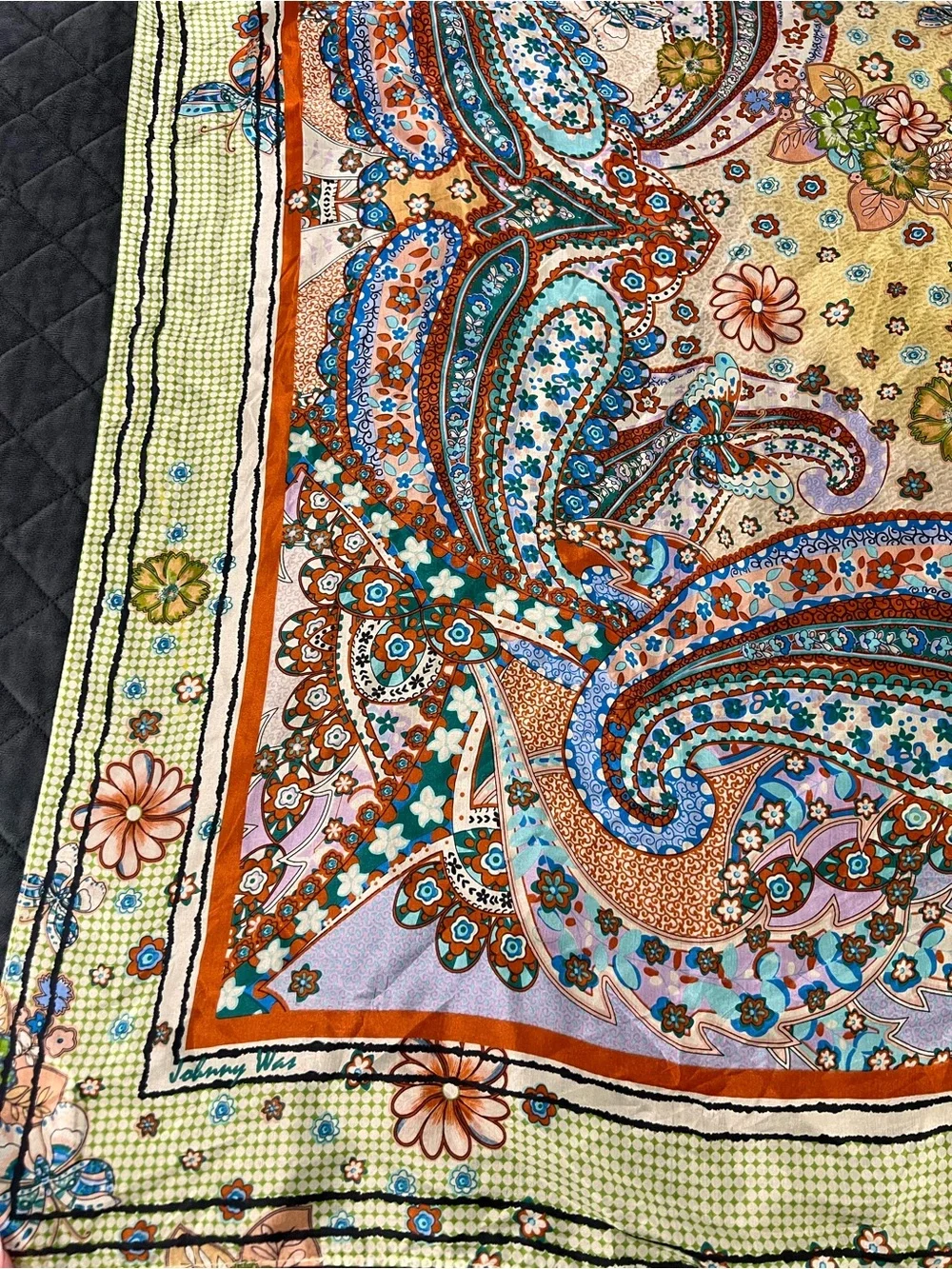 Johnny Was Large Silk Square Scarf 42” Paisley Floral Boho Butterflies Tassels
